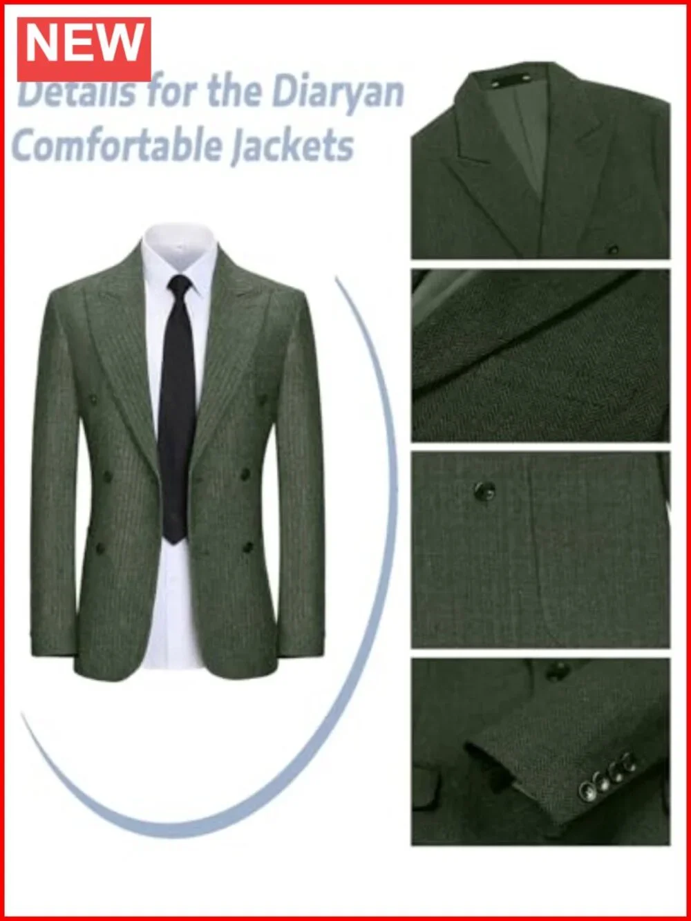 Men's Tweed Herringbone Slim Fit 2 Piece Suit Set Double Breasted Peaked Lapel